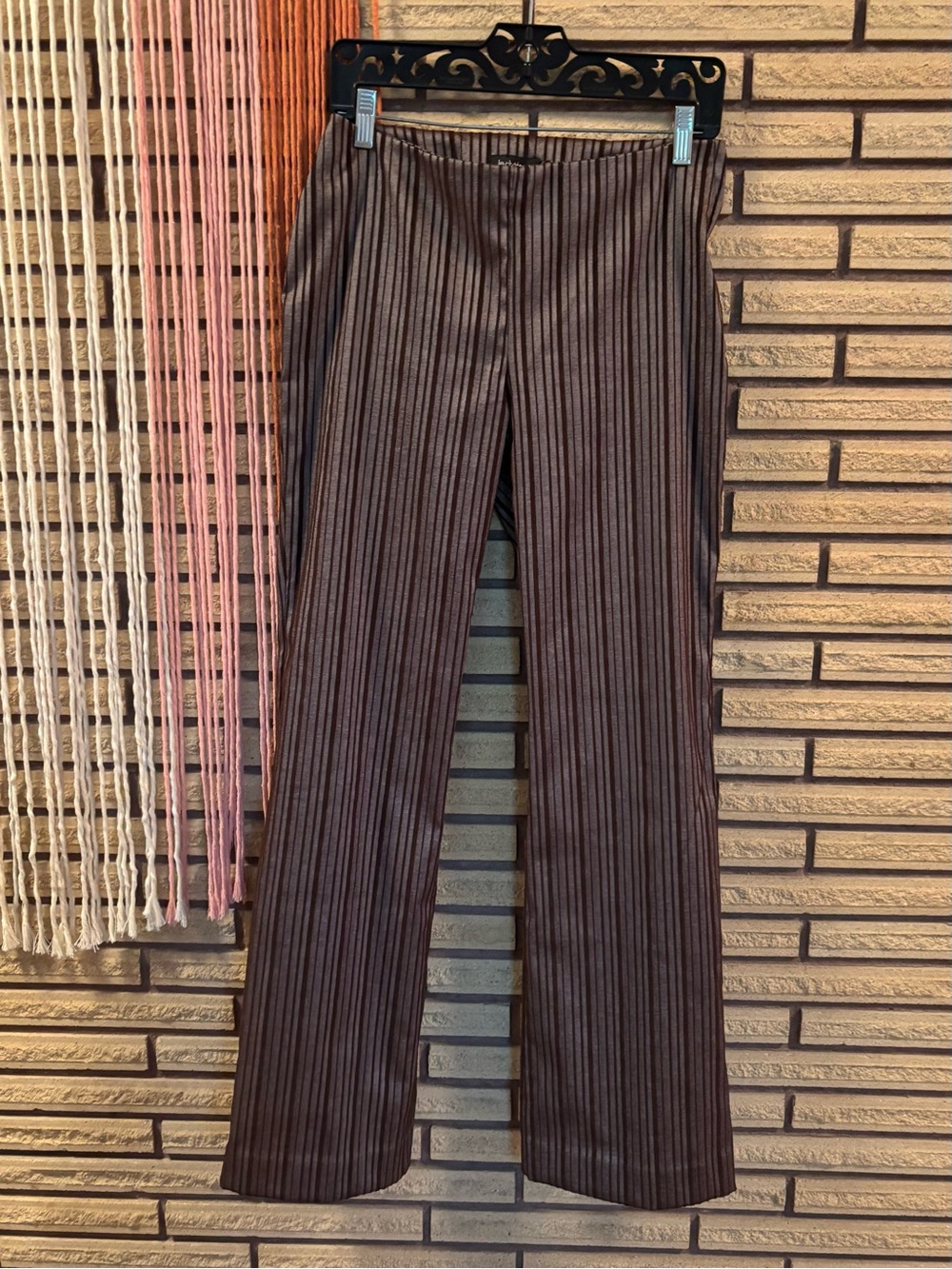Women's Chocolate Brown Striped Pants - Size 7/8 - Le Chateau - Flocked Stripes
